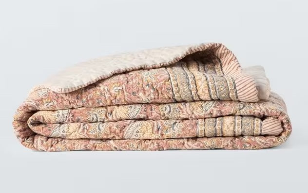 John Lewis Lotus Cotton Quilted Bedspread 220x220cm - Ochre Yellow/Soft Pink