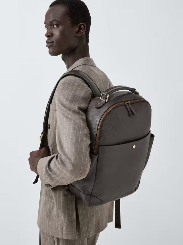 John Lewis Leather Adjustable Modern Backpack with Pockets - Dark Brown