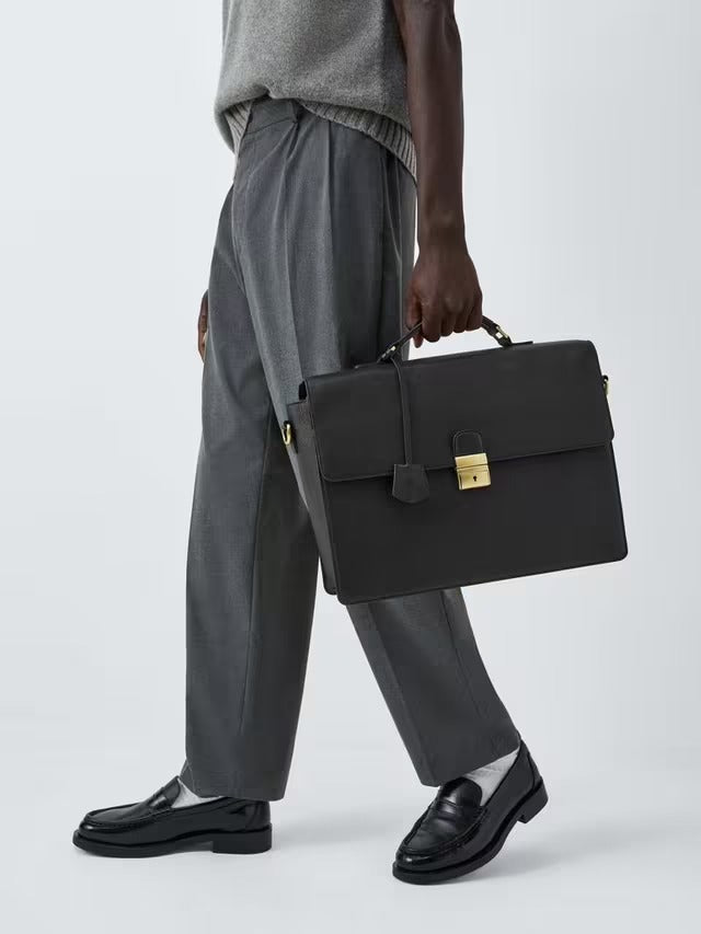 John Lewis Classic Leather Briefcase Bag with Laptop Compartment - Black