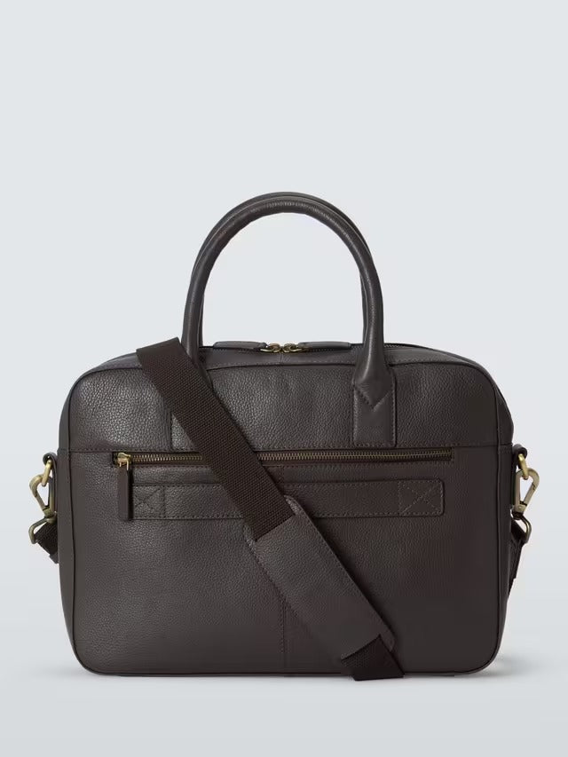John Lewis Men's Cow Leather Travel Bag Laptop Briefcase - Dark Brown
