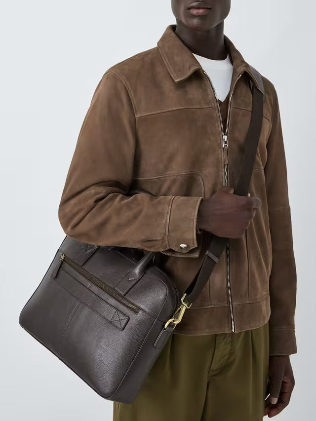 John Lewis Men's Cow Leather Travel Bag Laptop Briefcase - Dark Brown