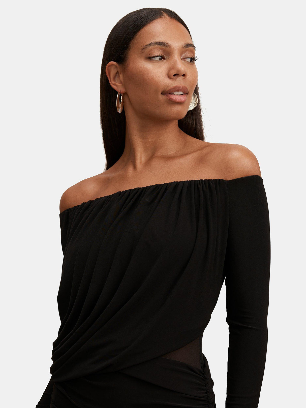 Forever New Belinda Bardot Neck Drape Long Sleeve Maxi Dress - Black - UK 12