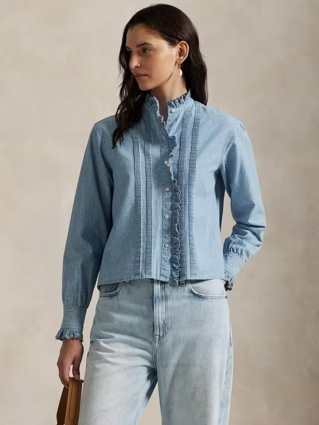 NEW Ralph Lauren Women's Cotton Chambray Ruffle Shirt - Light Blue - Size 10