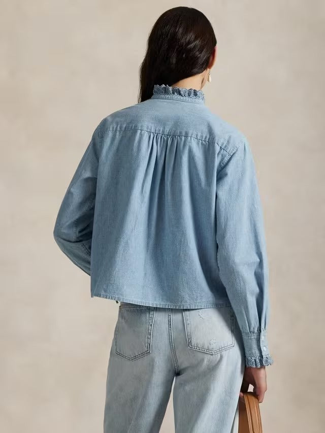 NEW Ralph Lauren Women's Cotton Chambray Ruffle Shirt - Light Blue - Size 10