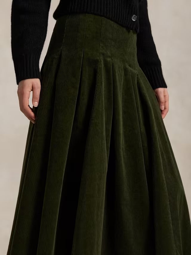 Ralph Lauren High Rise Pleated Corduroy A-Line Dark Green Midi Skirt UK 14