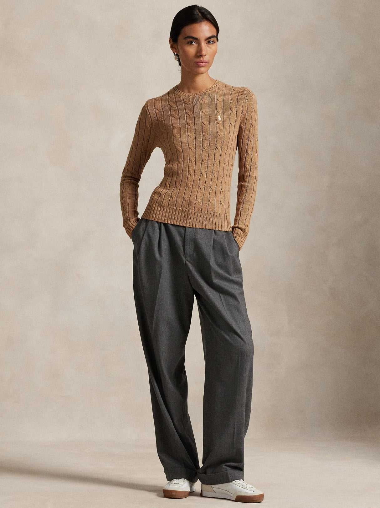 NEW Ralph Lauren Polo Women's Cable Knit Crew Neck Plain Jumper - Brown Size XXS
