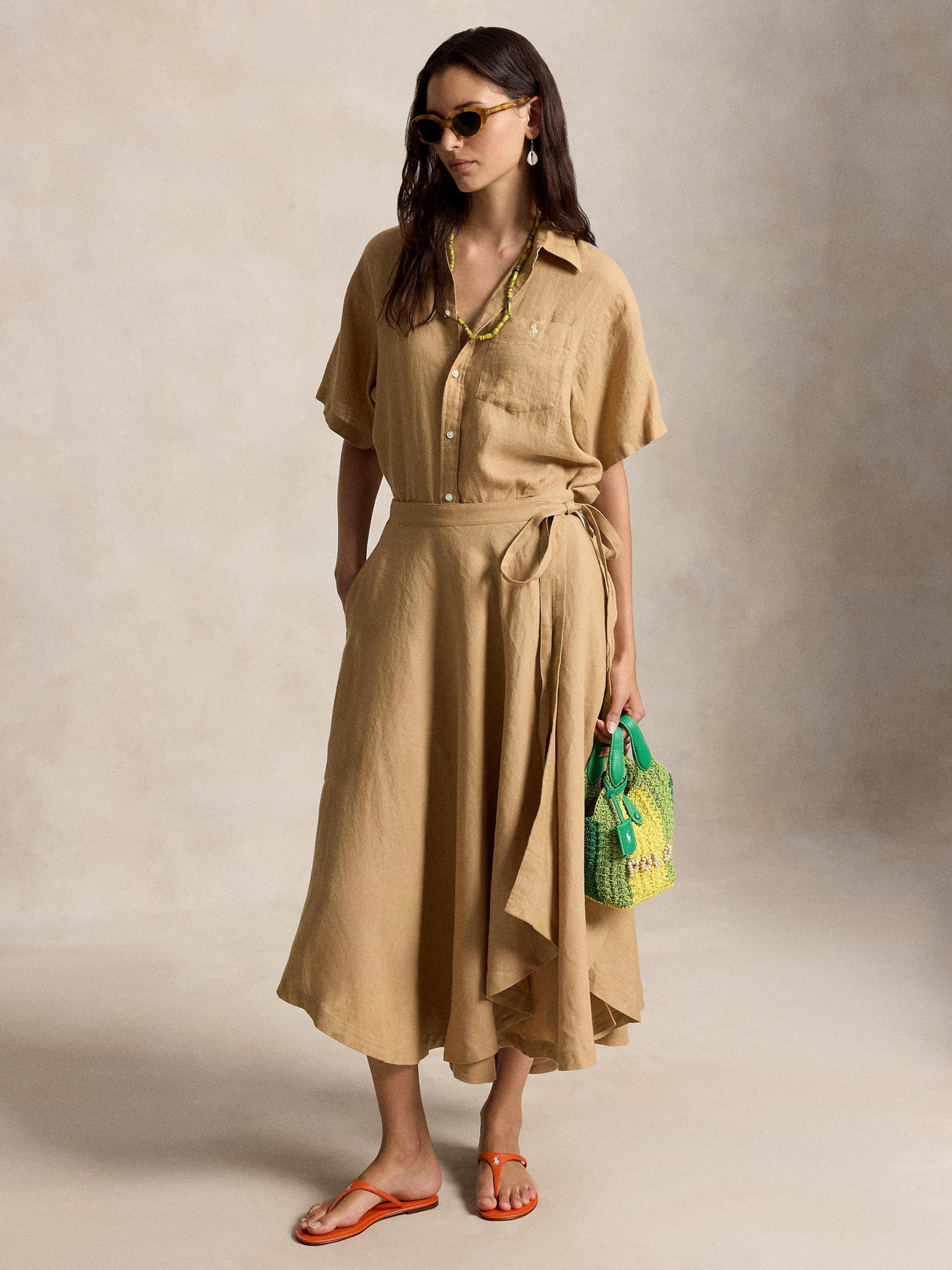Ralph Lauren Polo Drape Pure Linen A-Line Wrap Skirt - Classic Camel - UK 18