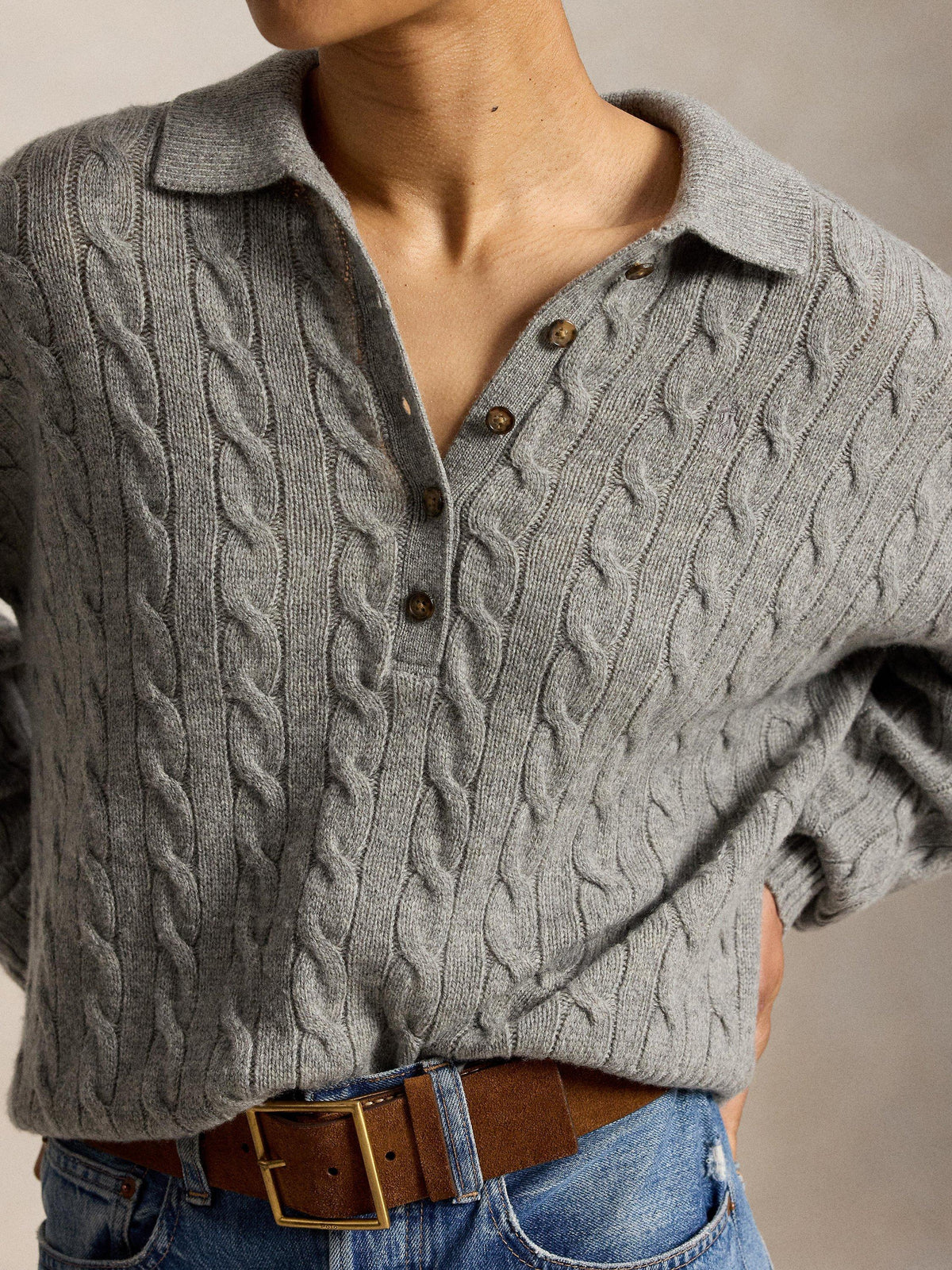PoloRalph Lauren Cable Knit Wool Cashmere Polo Jumper - Large Size - Grey