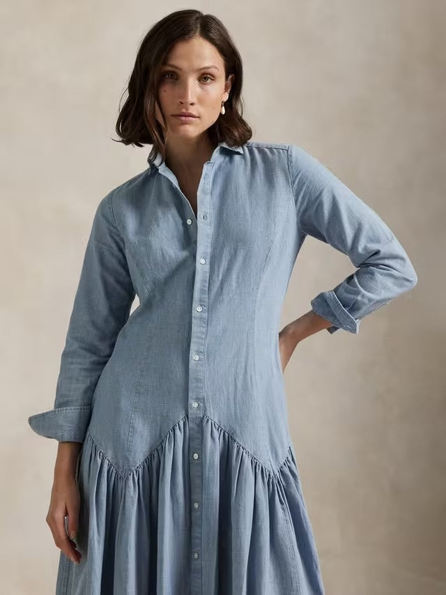 Ralph Lauren Cotton Linen Long Sleeved Shirt Dress - Light Blue - UK 16