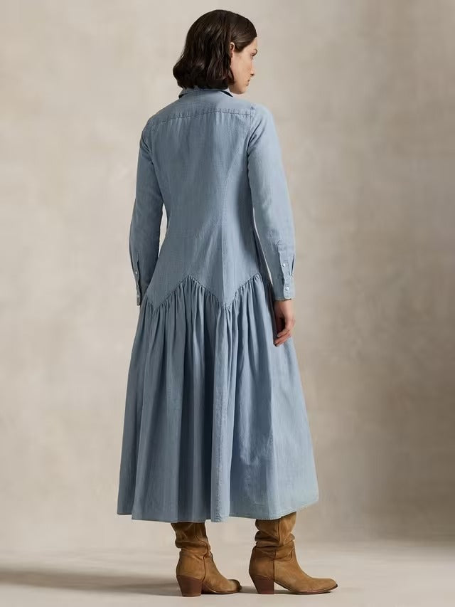 Ralph Lauren Cotton Linen Long Sleeved Shirt Dress - Light Blue - UK 16