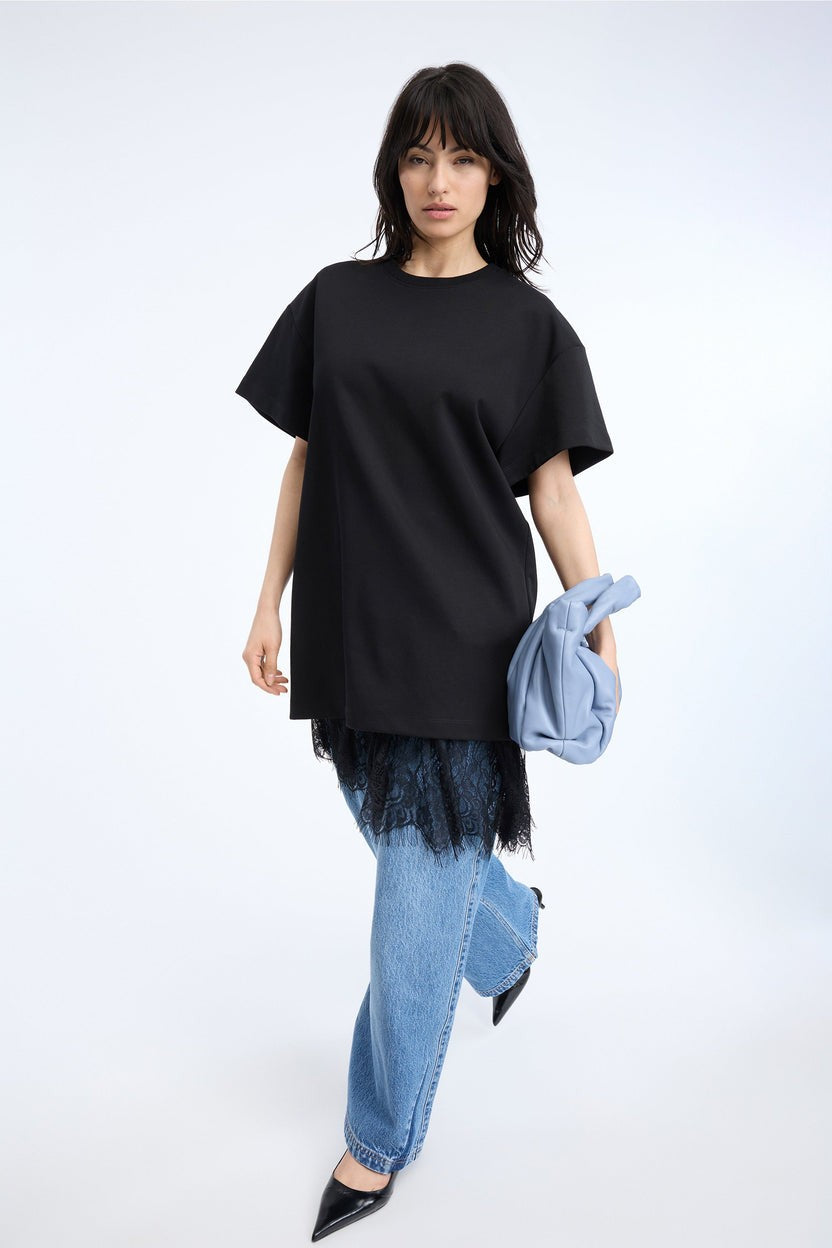 MUNTHE Rosie Short-Sleeved T-shirt Lace Hem Loose Dress - Black EU40/UK12