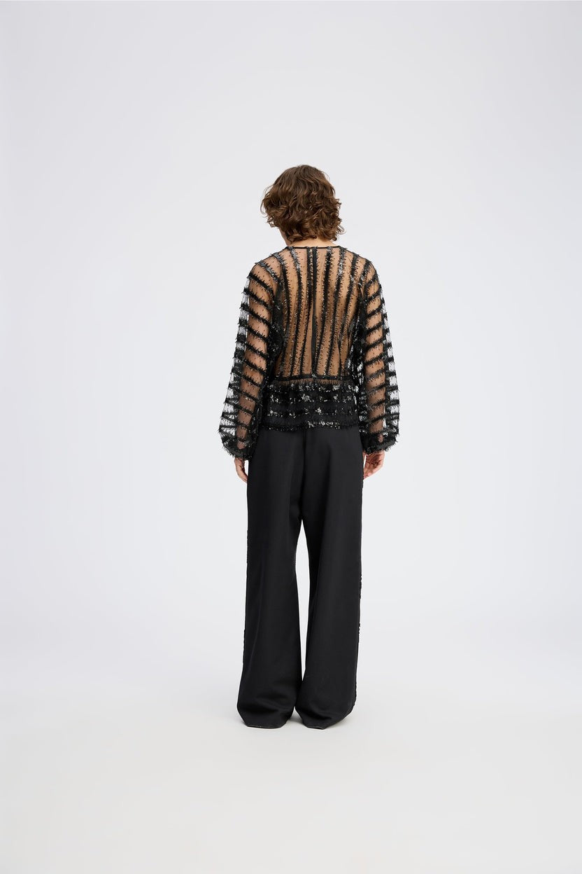 MUNTHE Remona Top V-Neck Sheer Sequin Puffed Sleeve Blouse - Black - EU 40