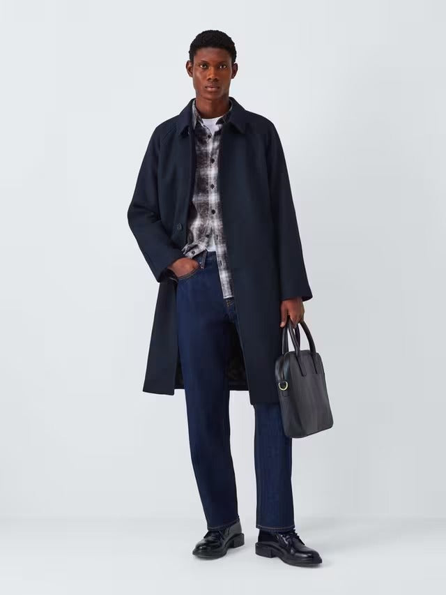Kin Men's Wool Blend Classic Collar Button Long Car Coat - Navy - Medium