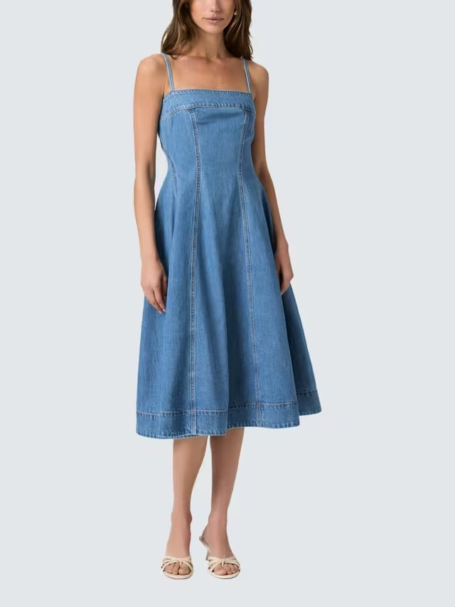 PAIGE Women's Pippa Strappy Denim Square Neck Midi Dress - Blue - UK 14