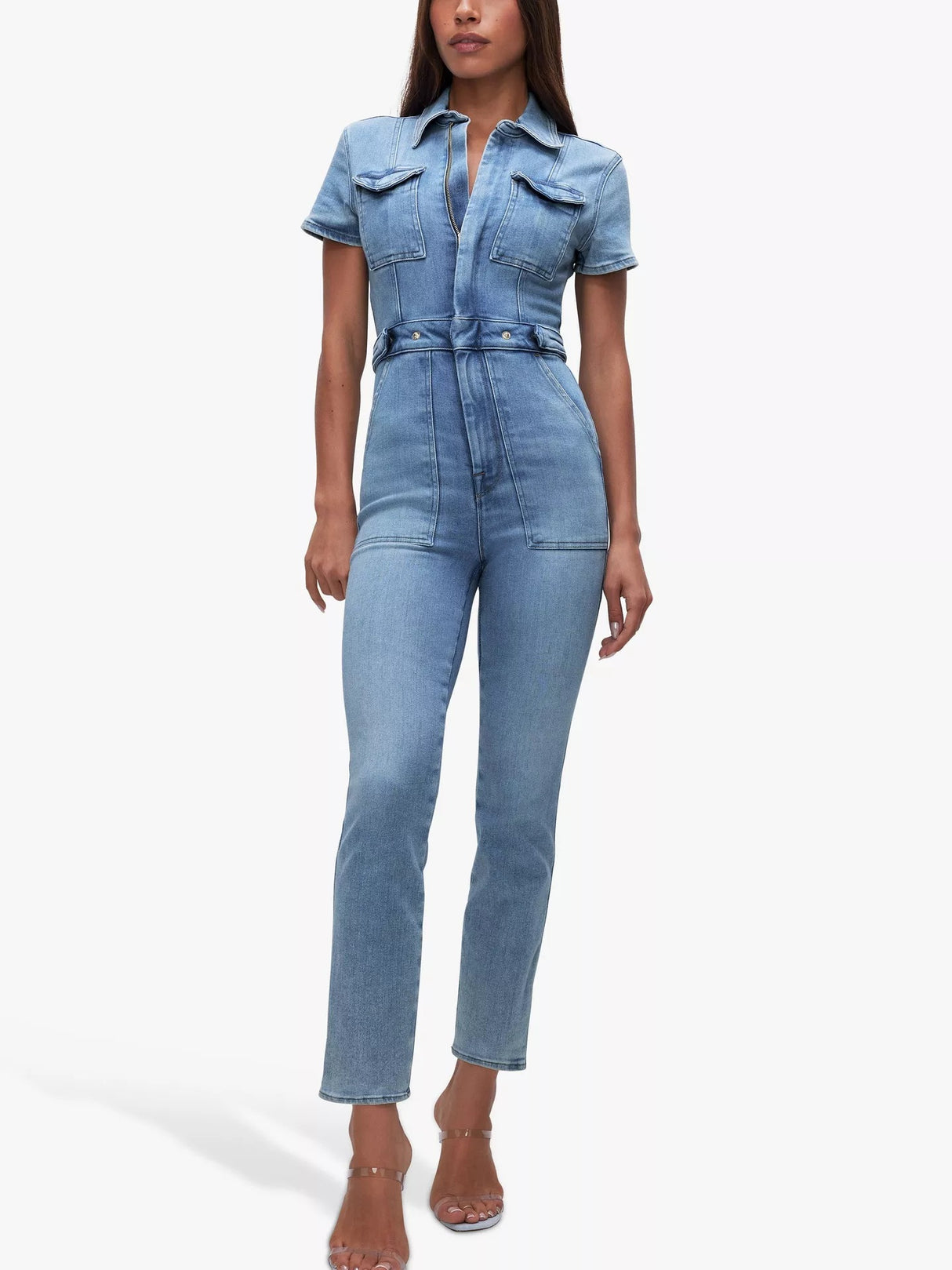 Good American Women's Short Sleeve Denim Ankle Jumpsuit - Blue - Size XL