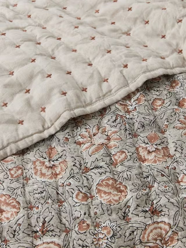 John Lewis Marigold Floral Cotton Quilted Bedspread 220 x 220cm - Grey Mid