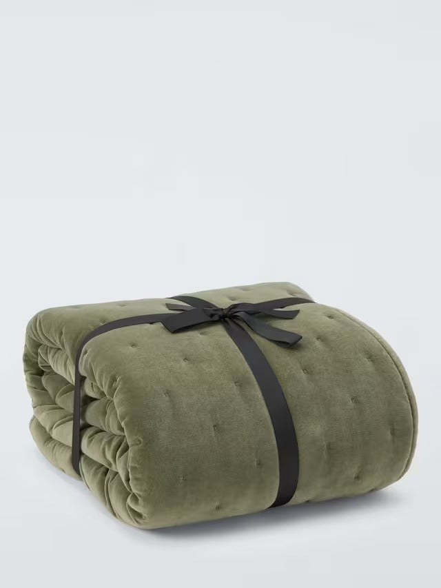 John Lewis Cotton Velvet Plain Quilted Bedspread Throw 220 x 220 cm Avocado