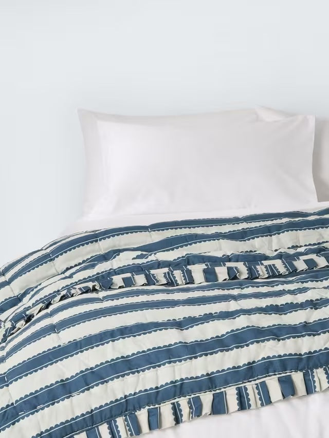 John Lewis x Sanderson Pinetum Quilted Frilled Bedspread 200 x 220cm - Blue
