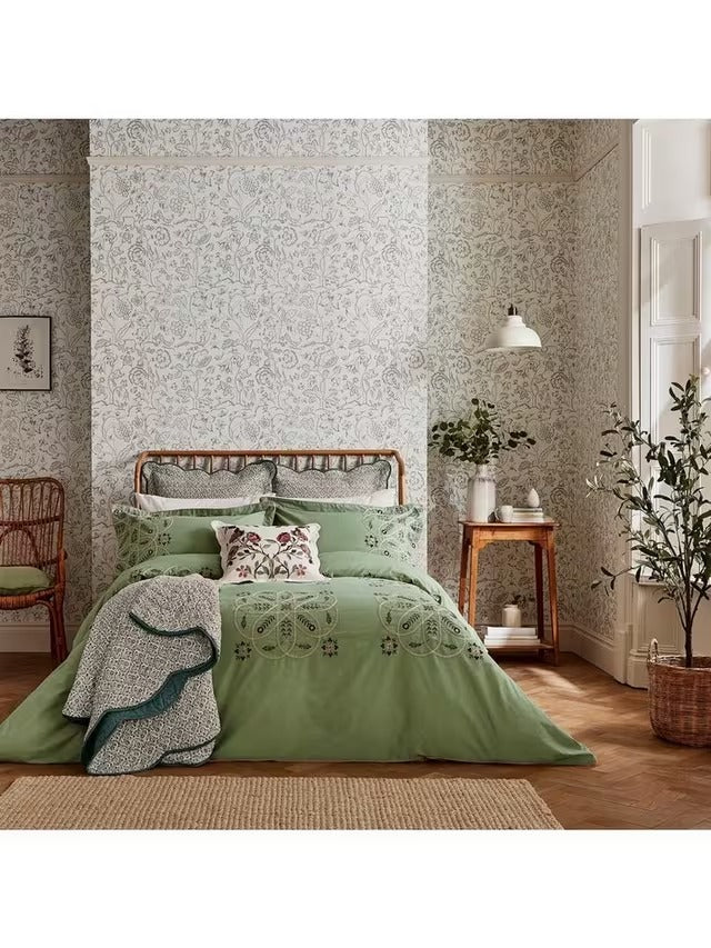Morris & Co. Brophy Floral Embroidery Cotton Double Duvet Cover Set - Green