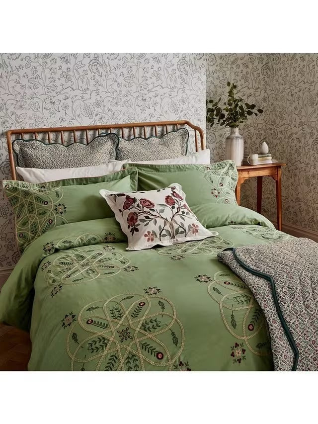 Morris & Co. Brophy Floral Embroidery Cotton Double Duvet Cover Set - Green