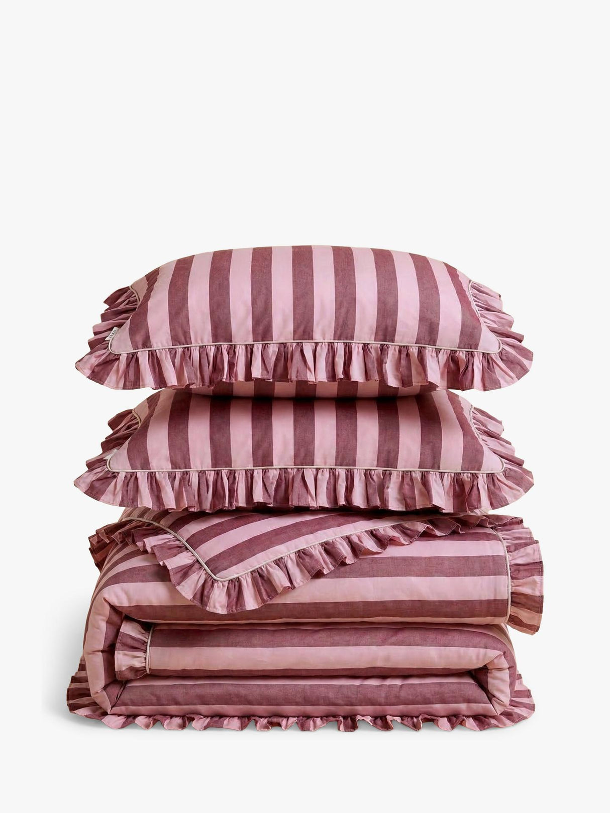TBCo Stripe 200TC Cotton Double Duvet Cover Set Ruffle Edge Pink Burgundy