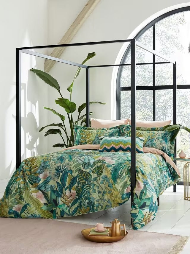 Harlequin Floreana Cotton Sateen Duvet Cover Set - Fig Leaf Coral - Double