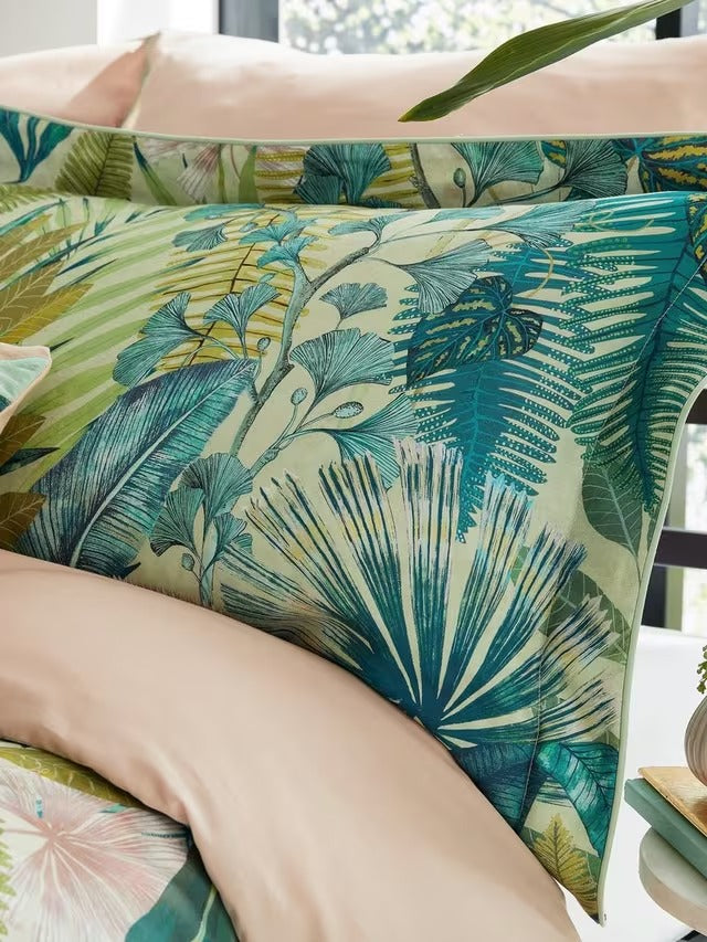 Harlequin Floreana Cotton Sateen Duvet Cover Set - Fig Leaf Coral - Double