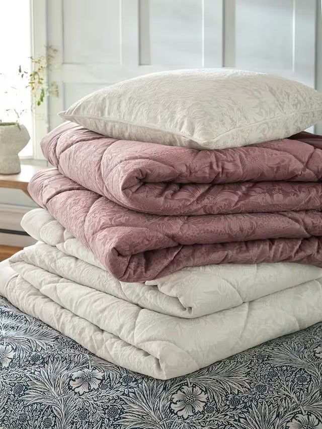 William Morris Strawberry Thief Quilted Bedspread 235 x 235cm - Tea Rose