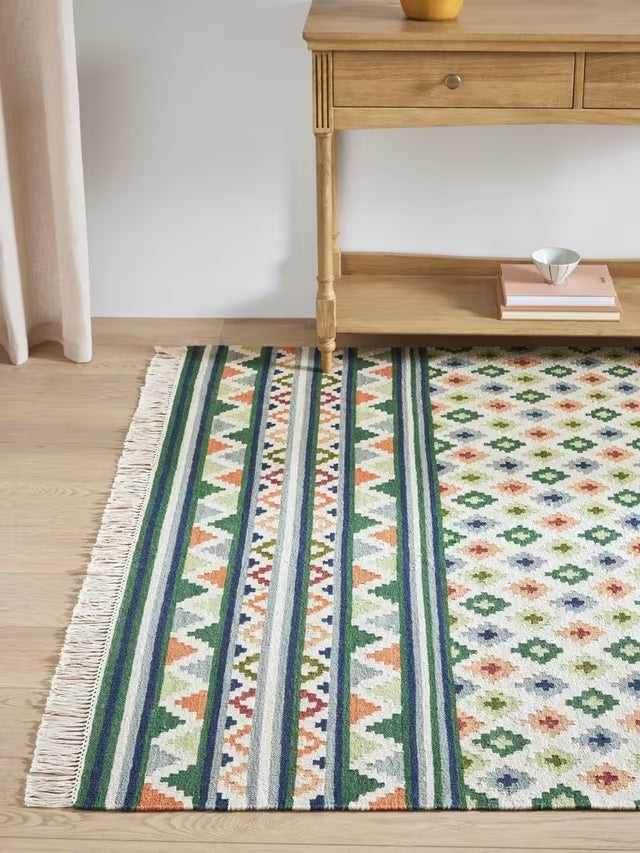 John Lewis Mori Geometric Wool Blend Border Rug L240 x W170cm - Green/Multi