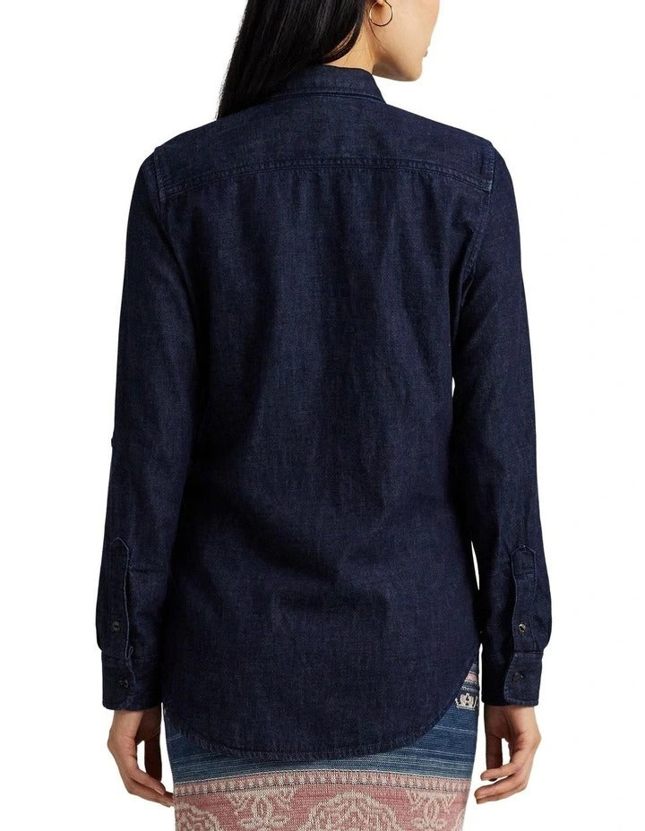 Ralph Lauren Men's Denim Roll-Tab-Sleeve Collared Shirt - Dark Blue - Small