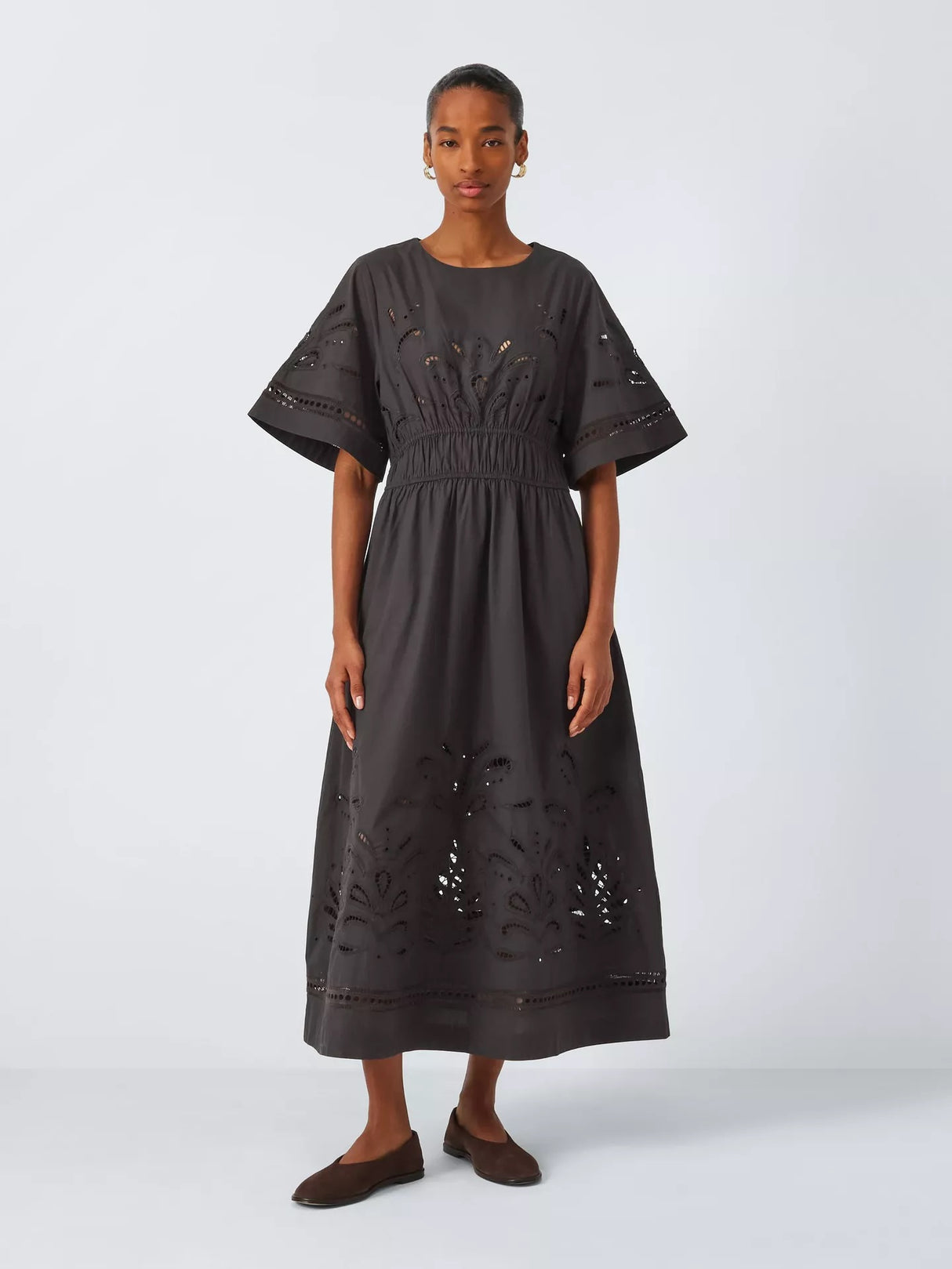 John Lewis Women's Cutwork Embroidered Pure Cotton Dress - Brown - UK 12