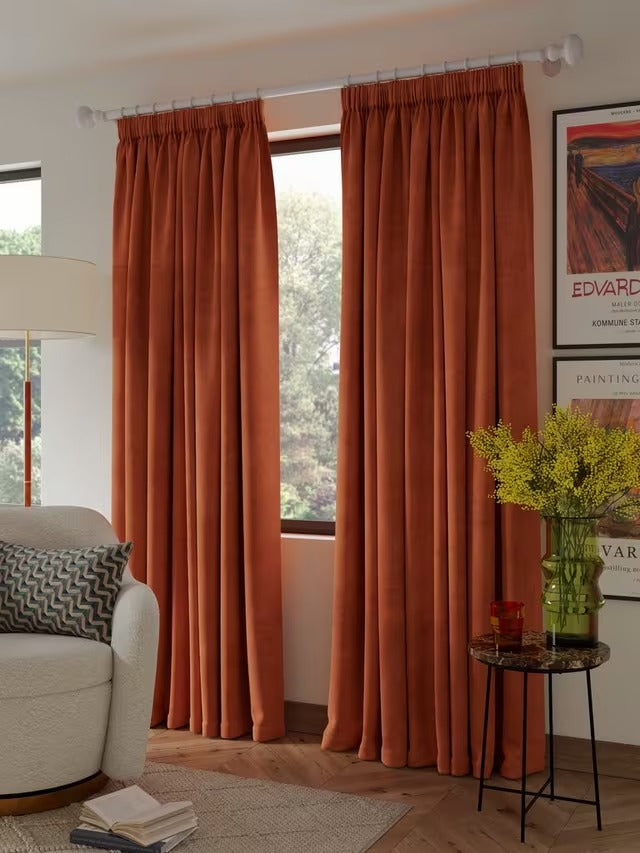 John Lewis Velvet Pair Lined Pencil Pleat Curtains W228 x Drop182cm - Sienna