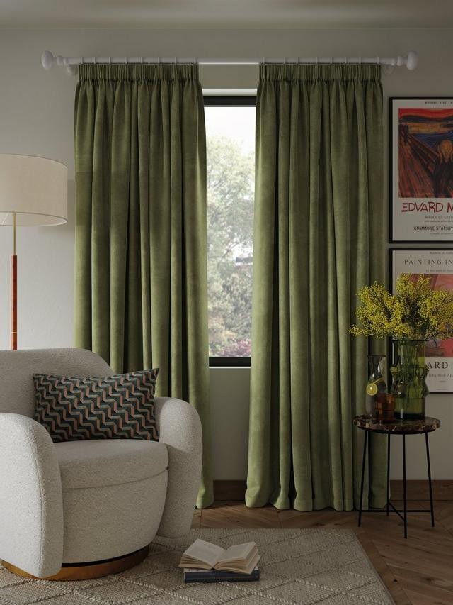 John Lewis Velvet Pair Lined Pencil Pleat Curtains W167 x D182cm - Avocado