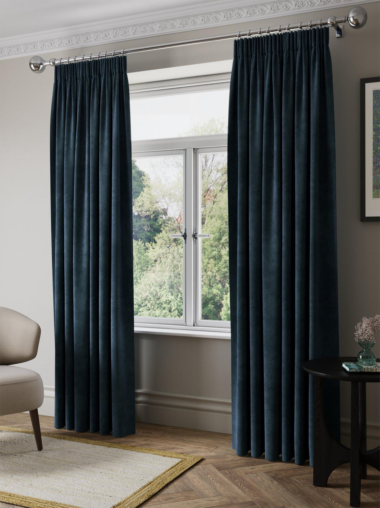 John Lewis Matte Velvet Blackout Curtains Navy Pencil Pleat 228 x 274cm