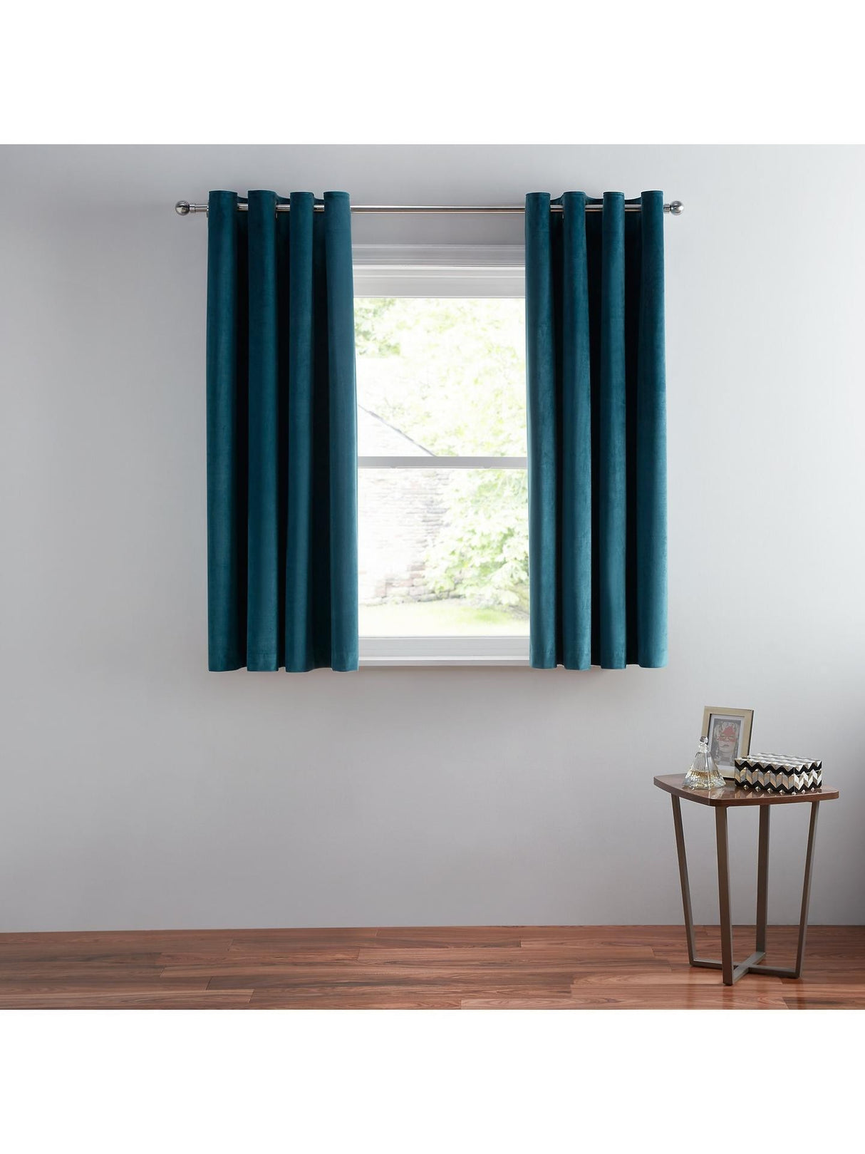John Lewis Velvet Pair Lined Eyelet Curtains W228 x Drop 137cm - Teal Blue