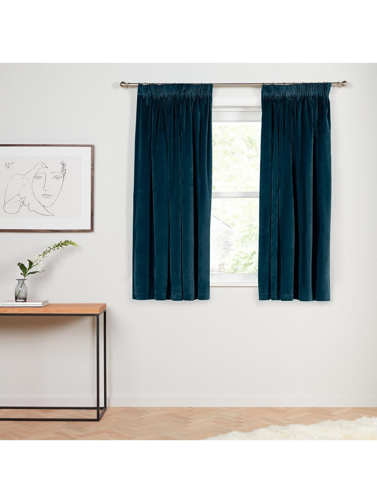 John Lewis Velvet Pair Lined Pencil Pleat Curtains W228 x Drop 137cm - Teal