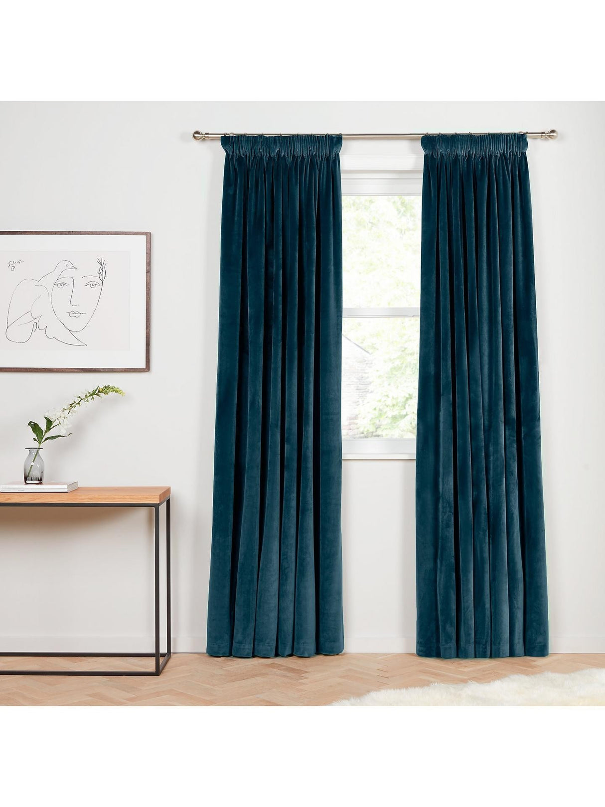 John Lewis Velvet Pair Lined Pencil Pleat Curtains W228 x Drop 137cm - Teal
