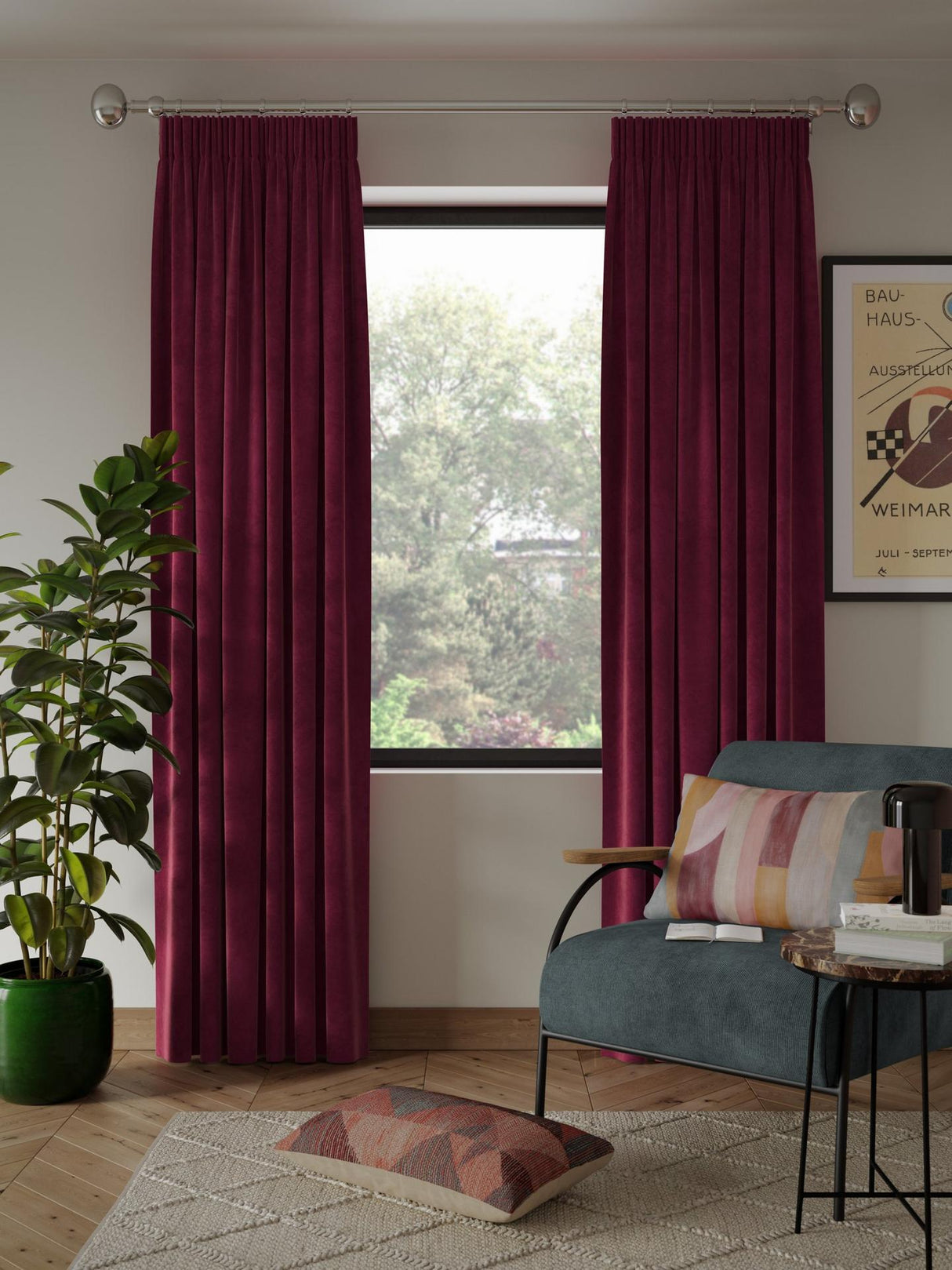 John Lewis Velvet Pair Lined Pencil Pleat Curtains W167 x D228cm - Damson
