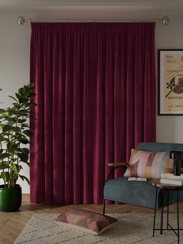 John Lewis Velvet Pair Lined Pencil Pleat Curtains W228 x D228cm - Damson