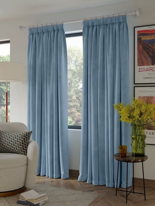 John Lewis Velvet Pair Lined Pencil Pleat Curtains W167 x Drop 182cm - Blue
