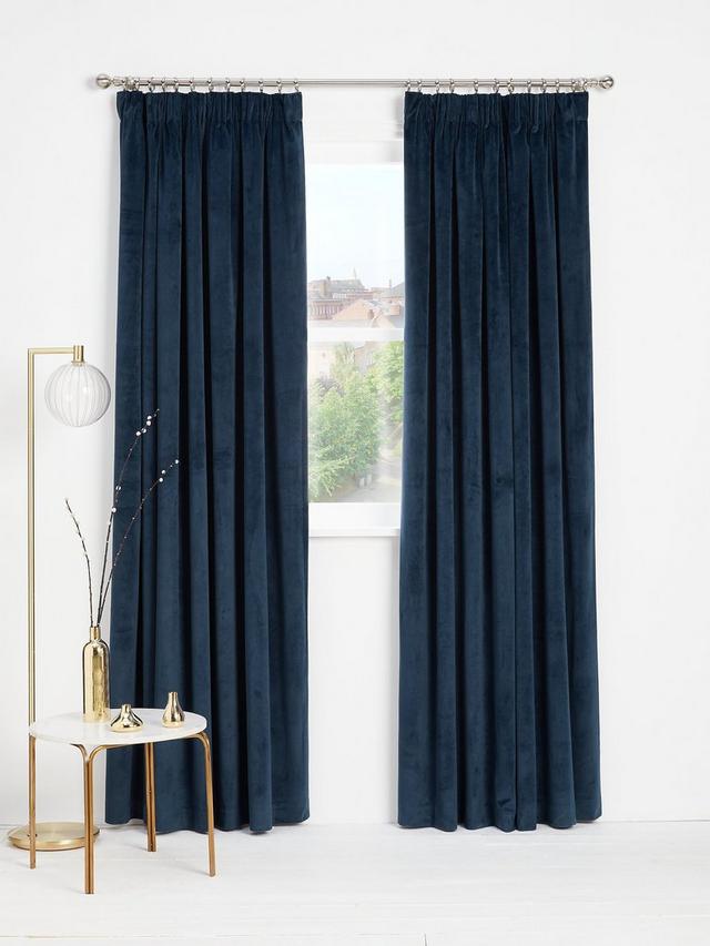 John Lewis Velvet Pair Lined Pencil Pleat Curtains W167 x D228cm - Navy
