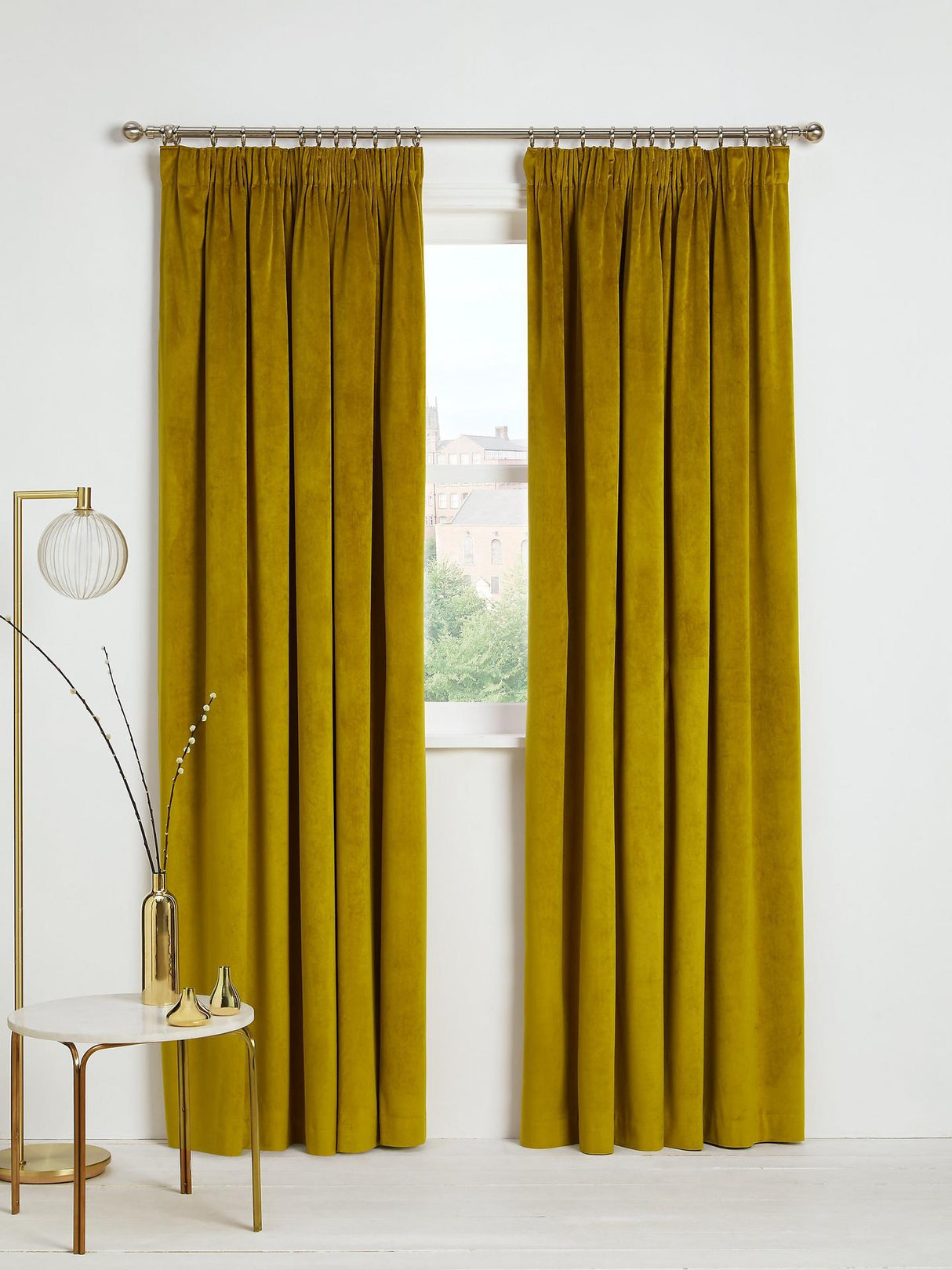 John Lewis Velvet Pair Lined Pencil Pleat Curtains W228 x Drop 182cm - Gold