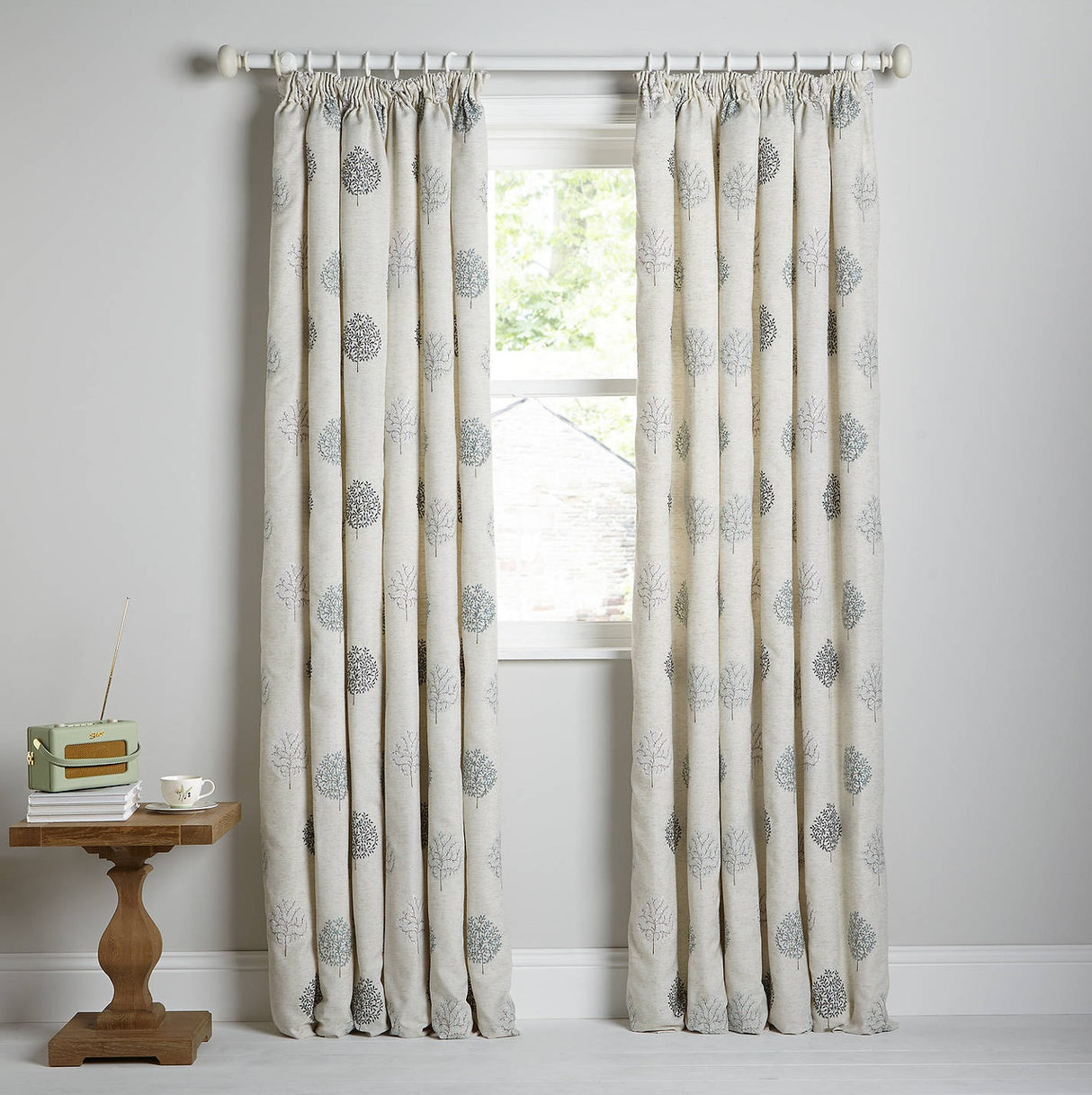 John Lewis Mini Olive Tree Lined Pencil Pleat Curtain 167 x 182cm - Duck Egg