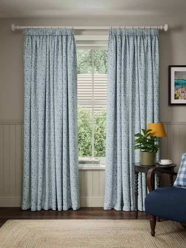 John Lewis Amara Print Blackout Pencil Pleat Curtains Ice Blue W167 x 228cm