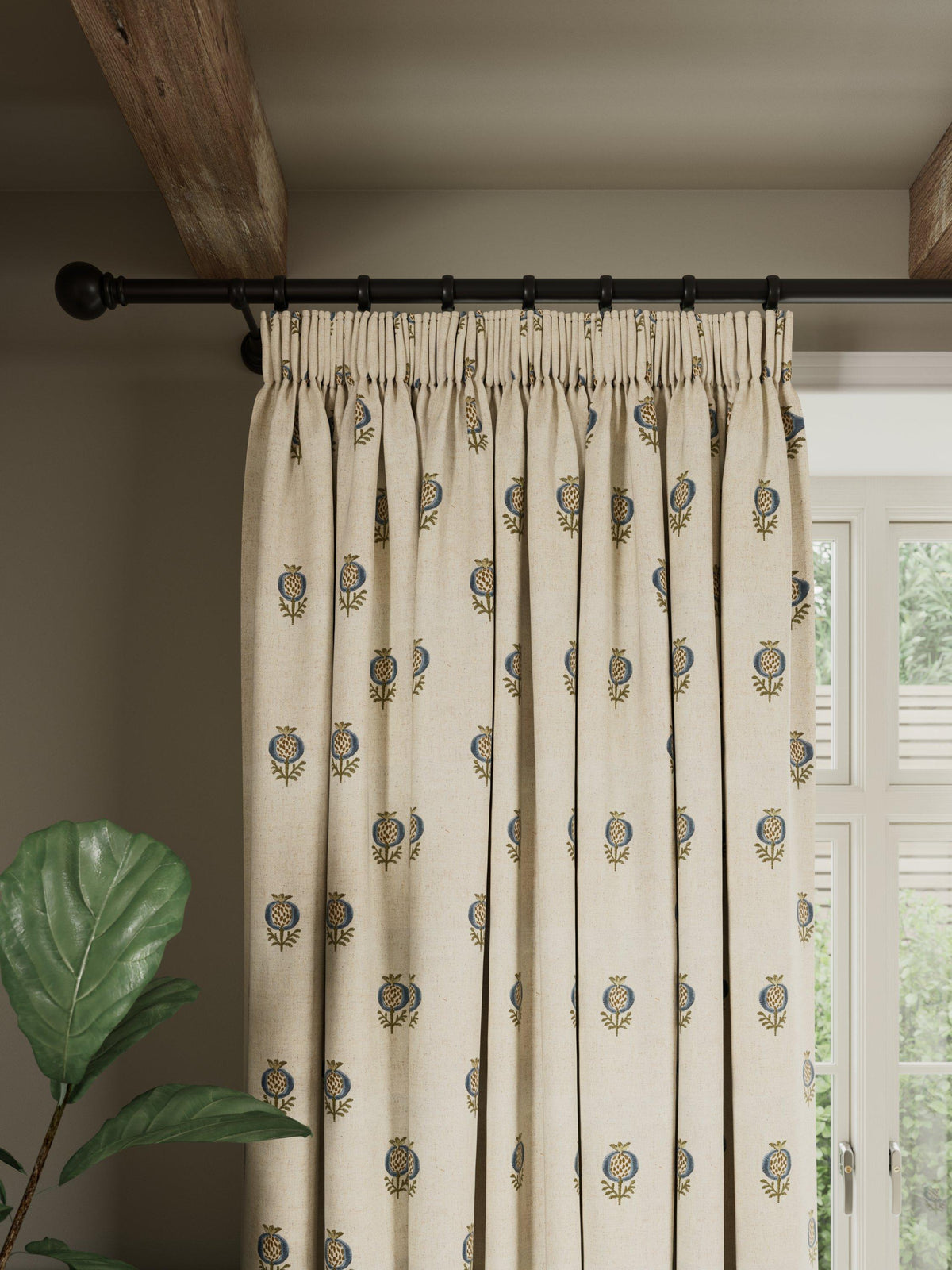 John Lewis Wilcote Pomegranate Pair Pencil Pleat Curtains 167 x 182cm - Blue