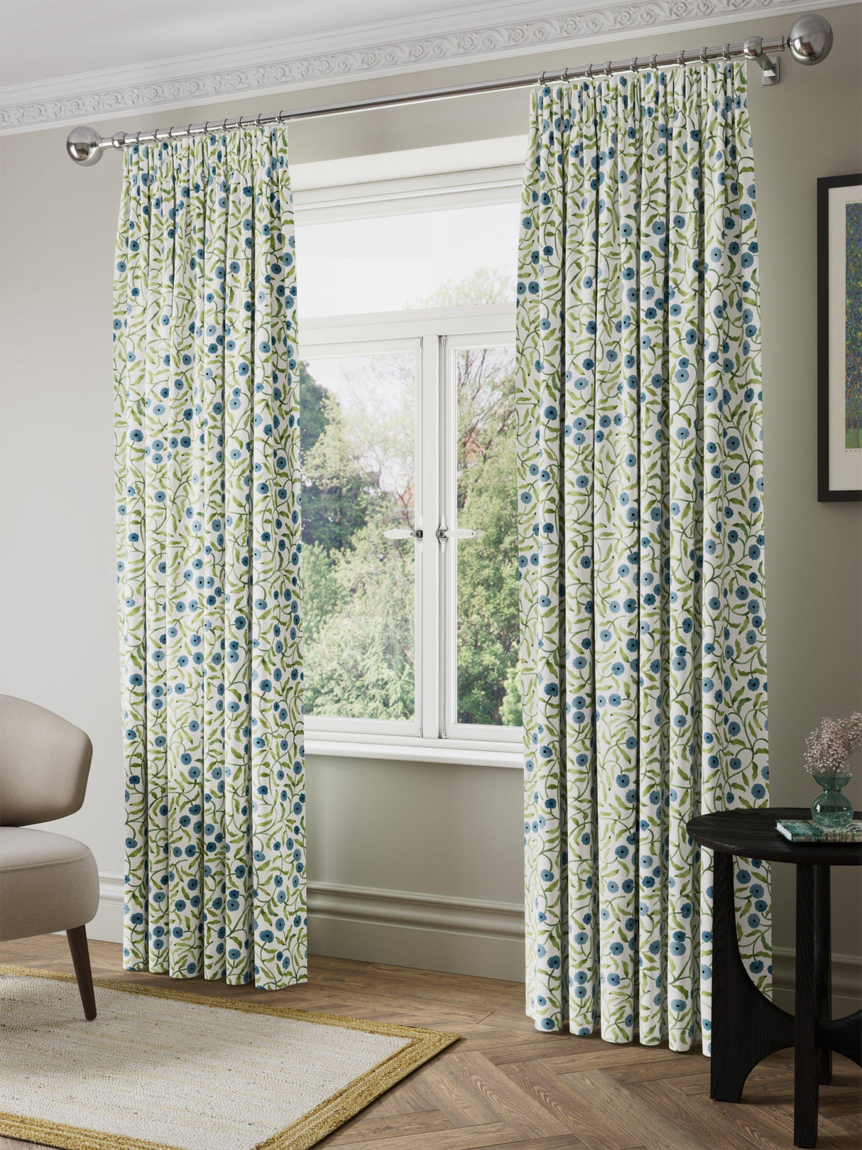 John Lewis Iversen Floret Blackout Pencil Pleat Curtains Glacier 228 x 137cm