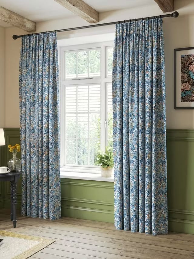Morris & Co. Bower Lined Pencil Pleat Curtains W167 x D274 - Indigo/Pearwood