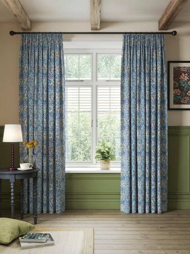 Morris & Co. Bower Lined Pencil Pleat Curtains W167 x D274 - Indigo/Pearwood