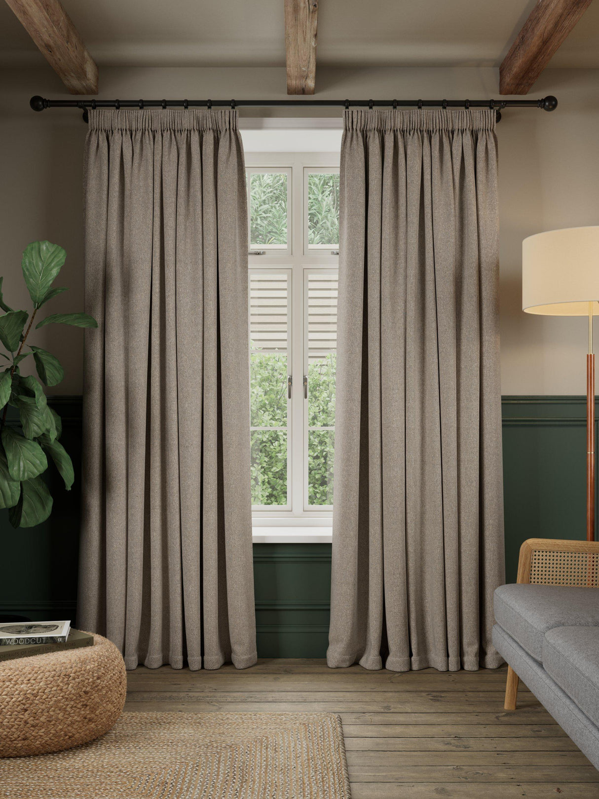 John Lewis Herringbone Pencil Pleat Blackout Curtains 167 x 274cm Pale Mole