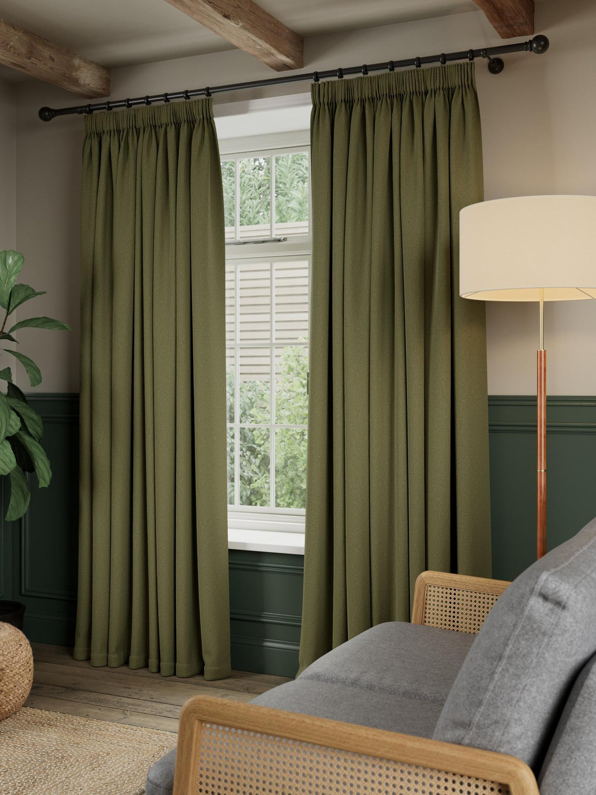 John Lewis Rustic Blackout Pencil Pleat Curtains - 228 x 274cm Avocado Green